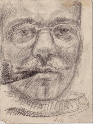 Self-portrait with mustache and pipe. Karlag. 1953 Pencil, paper