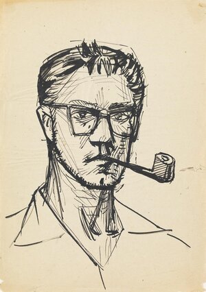 Self-portrait with a pipe. Circa 1957-59 Ink, paper