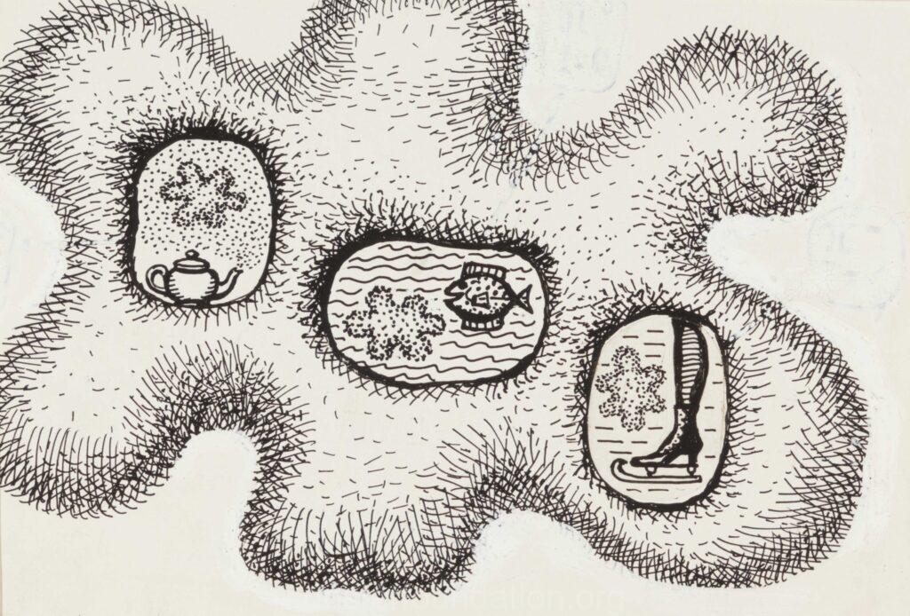 Illustratsioon Viktor Nikolajevitš Trostnikovi teosele „Füüsika: lähedane ja kauge“, lk 47. 1963. Tušš. Kompositsioon 10,6 × 15 cm, leht 12,5 × 17,5 cm