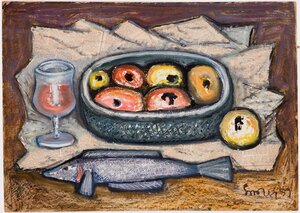 Natüürmort õunte ja kalaga. 1959 Õli, kollaaž, papp 49 x 69,5 cm
