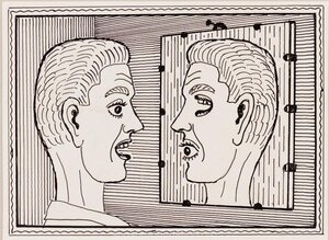 Two heads. The man in front of the mirror. Presumably the end of the 1950s Ink, Paper 12.7 x 17.6 cm