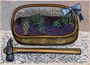 Natüürmort korvi ja haamriga. 1959 Õli, papp. 48,5 x 69 cm
