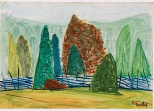 Hiiumaa maastik (Kadakad). 1957-58 Õli, papp 32,5 x 47,5 cm