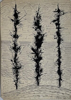 Maastik kolme kadakaga. 1959 Tušš, paberil 27,7 × 19,7 cm