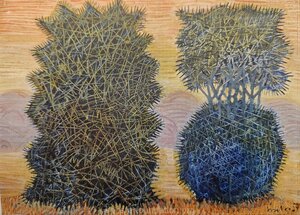 Kadakad oranžil foonil. 1959. Õli, papp 34.5 x 49 cm