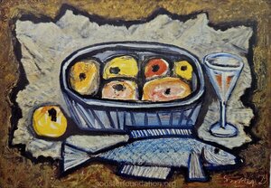 Natüürmort õunte ja kalaga. 1959 Õli, papp. 49 x 69,5 cm