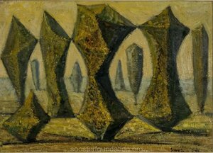 Kadakad. 1959 Õli, liim, liiv, papp 33,5 x 47 cm