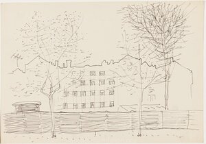 Maja puudega. Eeldatavalt 1950. aastad Tušš, paber 27 x 19 cm